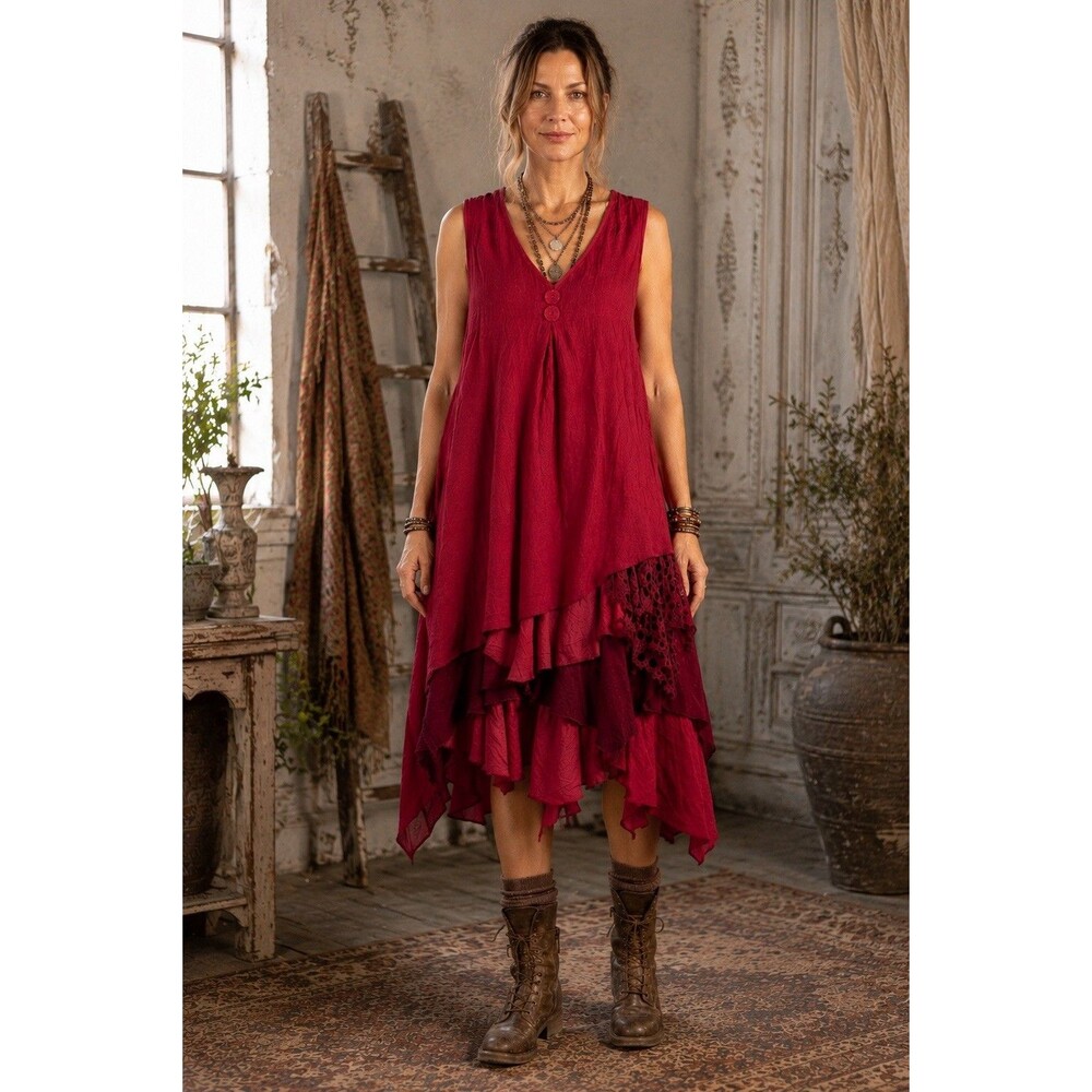 Pretty Angel Lagenlook Layered 2 Piece Dress Maroon Size Medium Boho Cottage